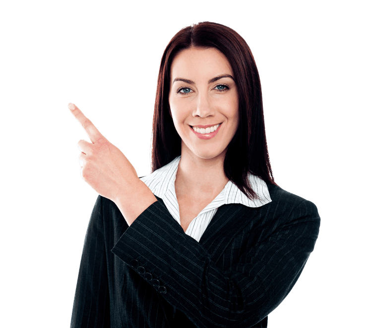 Woman pointing towards brochure download section for Kursk State Medical University